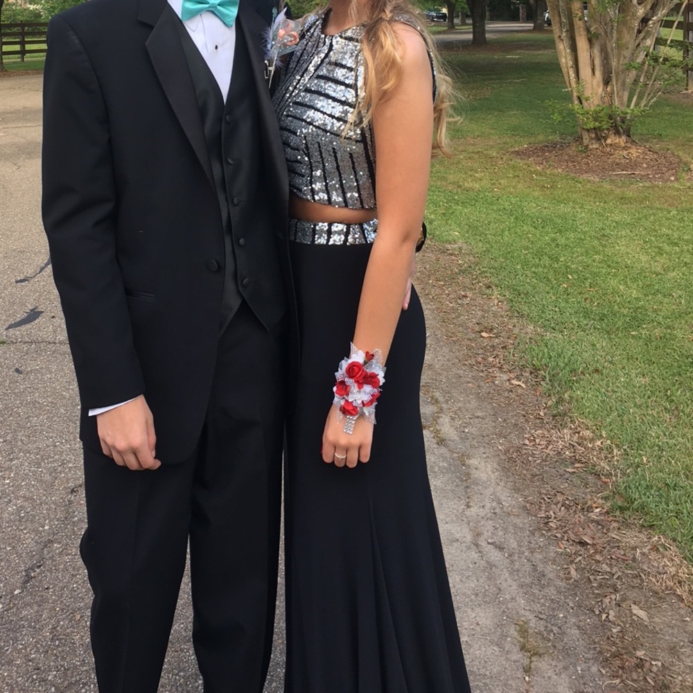 Two Piece Black Silver Sequin Prom Dress